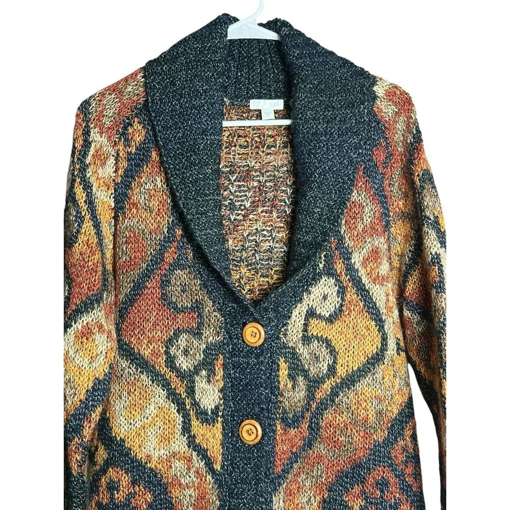 J. Jill Wool Blend Long Cardigan Sweater Shawl Collar Southwest Blue Orange‎ XS - Picture 2 of 12